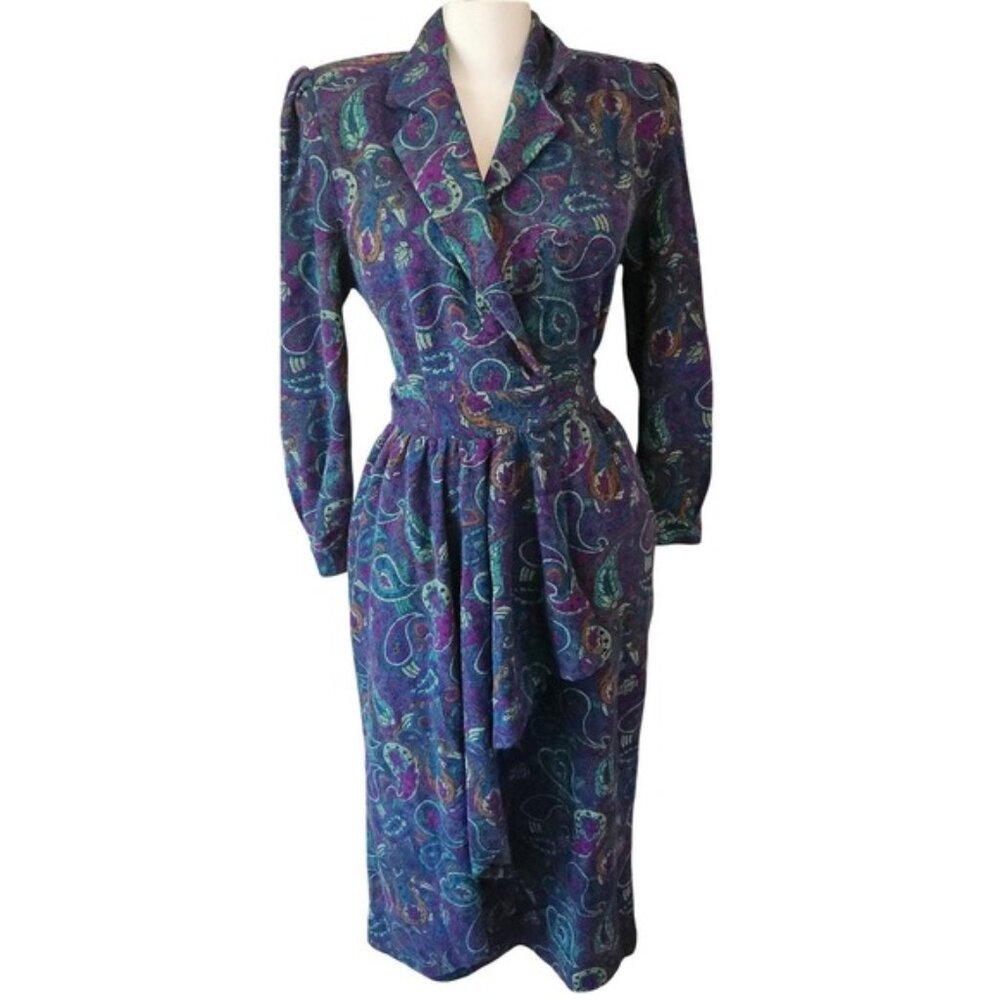 Vintage Jewel Tone Paisley Midi Dress Purple Teal Long‎ Sleeve Wrap handmade